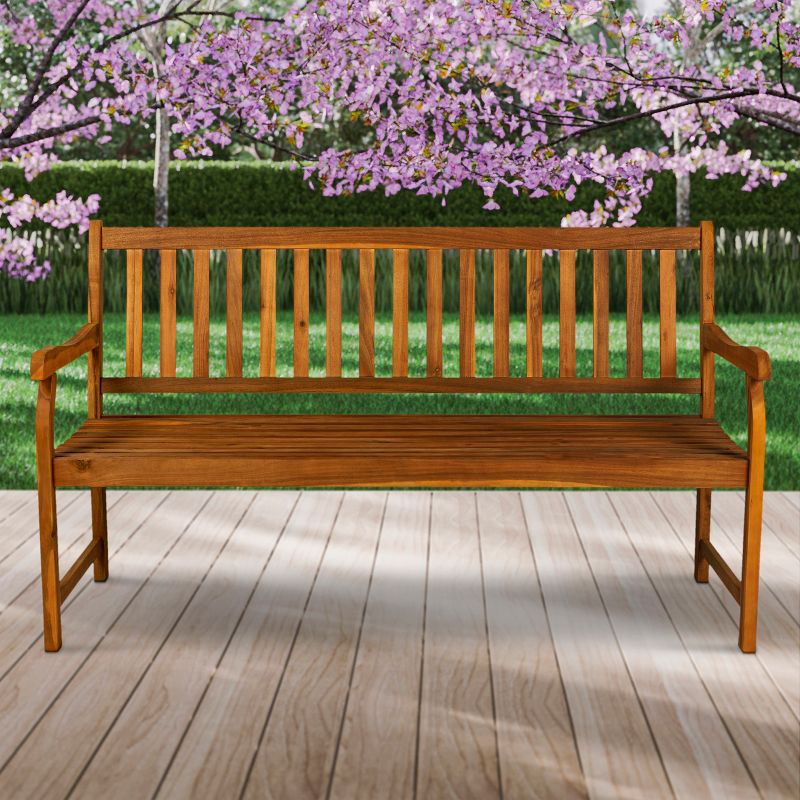 Laurel 3-Seat Slat-Back Acacia Wood Outdoor Garden Patio Bench - JONATHAN Y, 3 of 9