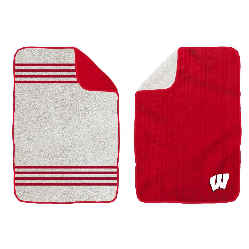NCAA Wisconsin Badgers Cable Knit Embossed Logo with Faux Shearling Stripe Throw Blanket, 1 of 4
