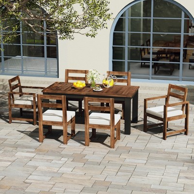 7pcs Patio Dining Table Set, Outdoor Conversation Set, Wood Dining Table and Chairs Set with Umbrella Hole for Garden, Backyard -ModernLuxe