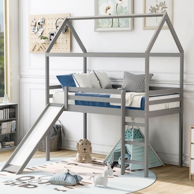 NicBex Twin Size Bunk Bed Classic House Shape Loft Bed Pine Frame Bed Frame with Guardrails, Slide and Ladder, No Box Spring Required, Gray