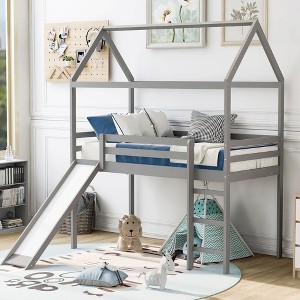 NicBex Twin Size Bunk Bed Classic House Shape Loft Bed Pine Frame Bed Frame with Guardrails, Slide and Ladder, No Box Spring Required, Gray - 1 of 4
