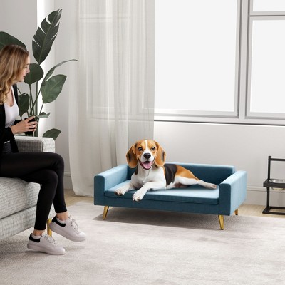Modern Dark Blue Velvet Dog Sofa Bed with Gold Legs