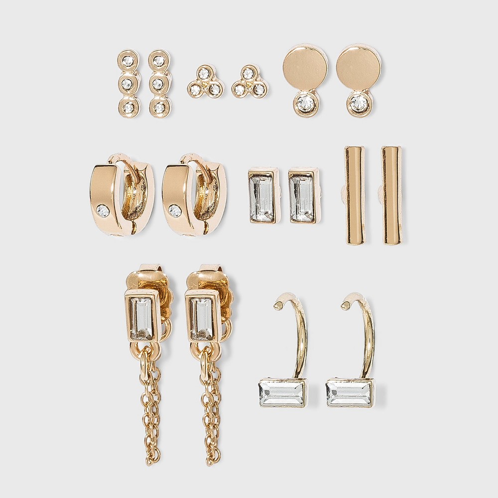 Photos - Earrings Crystal Baguette Stud and Small Hoop Earring Set 8pc - A New Day™ Gold