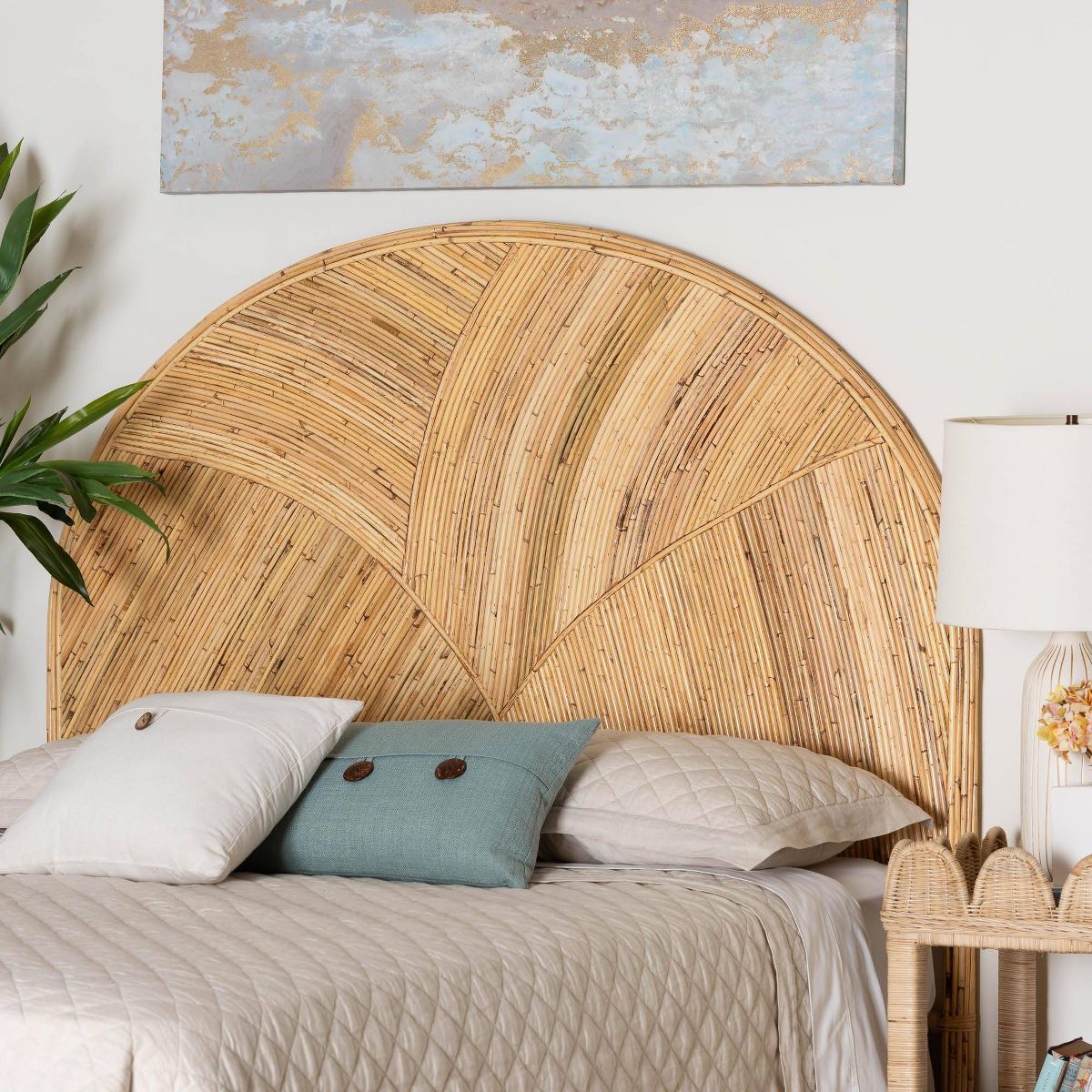 bali & pari Queen Seana Rattan Standalone Headboard Honey: Artisan-Crafted, Bohemian Design, No Mount Needed - thumbnail 3