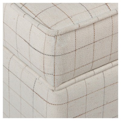 Grid-Patterned Beige and Brown Wooden Square Ottoman with Hidden Storage