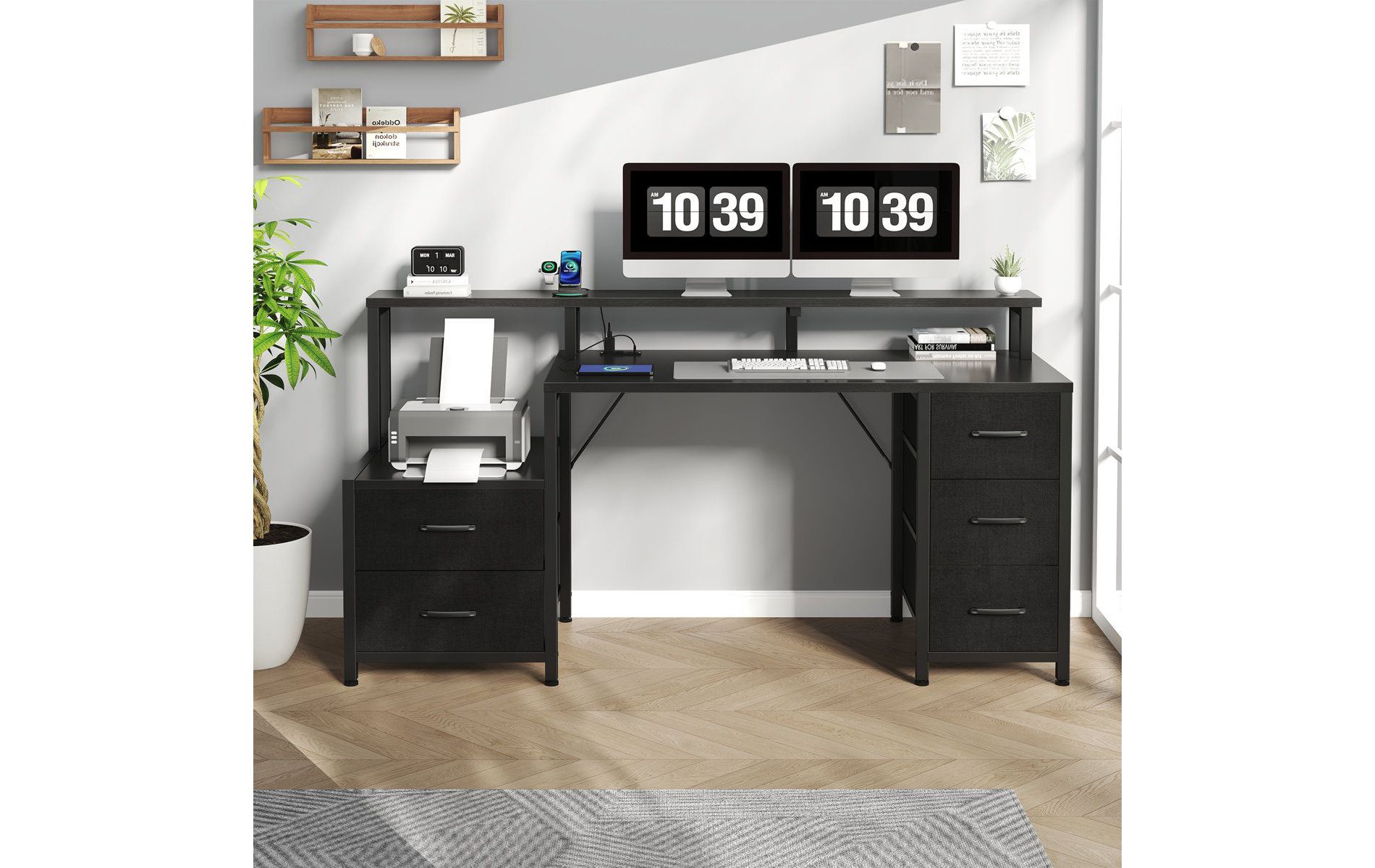 JIONJOY 67" Multifunctional Computer Desk with 5 Fabric Drawers, Monitor Riser, Charging Station, Gaming & Office Desk with Printer Storage