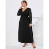 Womens Plus Size Lace Long Sleeve Maxi Dress with Belt Criss Cross Neck Casual Long Dress - 2 of 4