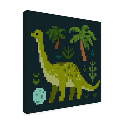 Large Green Pixel Dinosaur Canvas Art with Wooden Frame