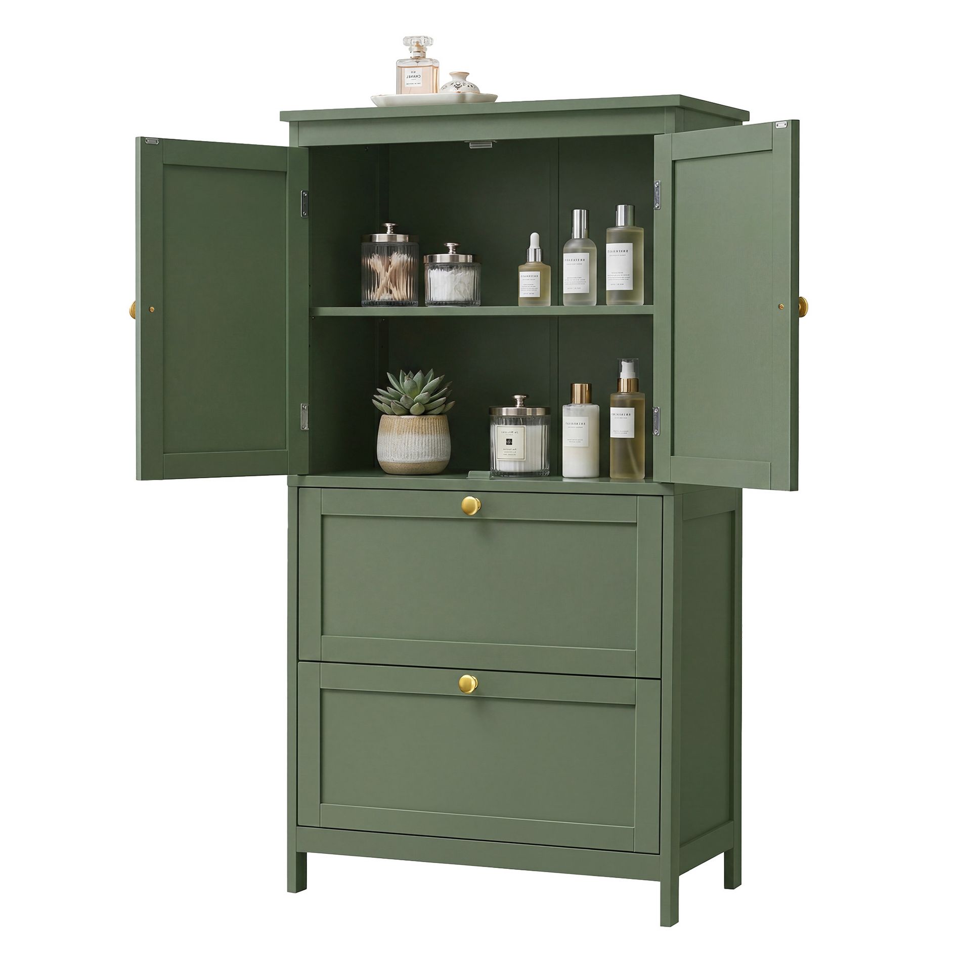 LEDREM Bathroom Floor Storage Cabinet, Freestanding Bathroom Storage Unit with 2 Drawers and Doors, Adjustable Shelf, Green