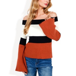 Anna-Kaci Women's Off-Shoulder Ribbed Knit Sweater with Color Block Design and Flared Sleeves - 1 of 4