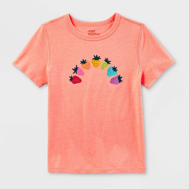 Kids&#39; Adaptive &#39;Strawberry Rainbow&#39; Short Sleeve Graphic T-Shirt - Cat &#38; Jack&#8482; Coral Orange, 1 of 5