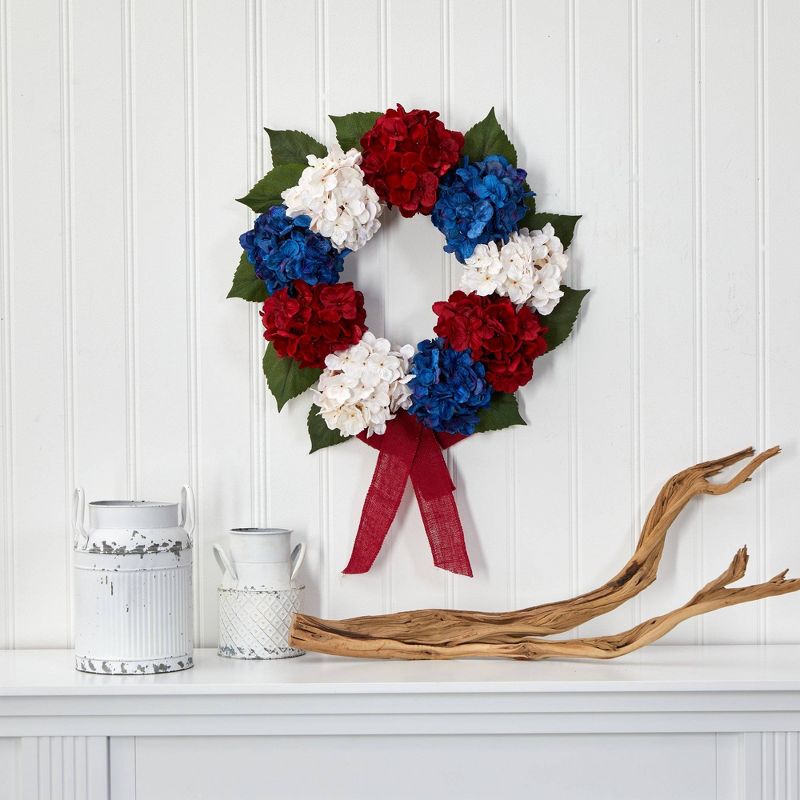 Nearly Natural 24” Red, White and Blue “Americana” Hydrangea Artificial Wreath, 3 of 4