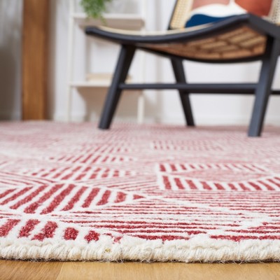 Ivory and Red Abstract Geometric Wool Area Rug, 5' x 8'