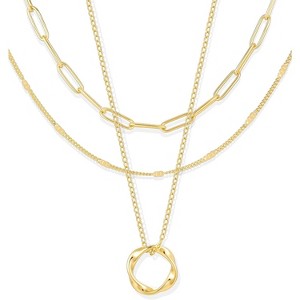 3 Piece Layered Necklace Set 14K Gold Plated Paperclip Box Chain Stackable Gold-3 pcs Circle - 1 of 4