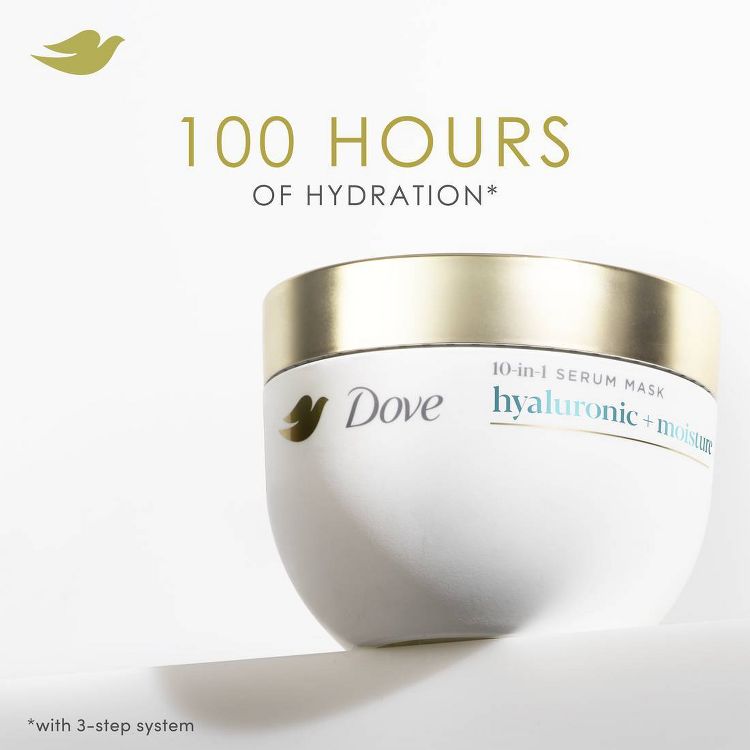 Dove 10-in-1 Serum Mask Hyaluronic + Moisture sits elegantly on a white surface, promising "100 Hours of Hydration" in gold text above. The white jar with a gold lid reflects simplicity and luxury, emphasizing advanced hydration.