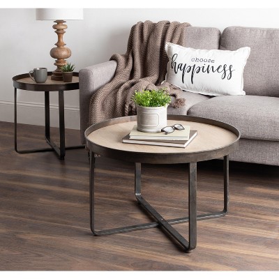 Zabel 30" Round White Oak and Black Metal Coffee Table