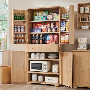 71" Tall Kitchen Pantry Storage Cabinet, Modern Kitchen Storage Cabinets with 4 Doors and 6 Adjustable Shelves,Wooden Curved Kitchen Cabinet - 1 of 4