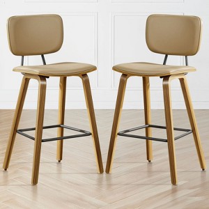 Bekrvio 26" Counter Height Bar Stools - PU Leather Upholstered with Backs, Bent Wood Legs, Mid Century Modern Counter Stools for Kitchen Island - 1 of 4