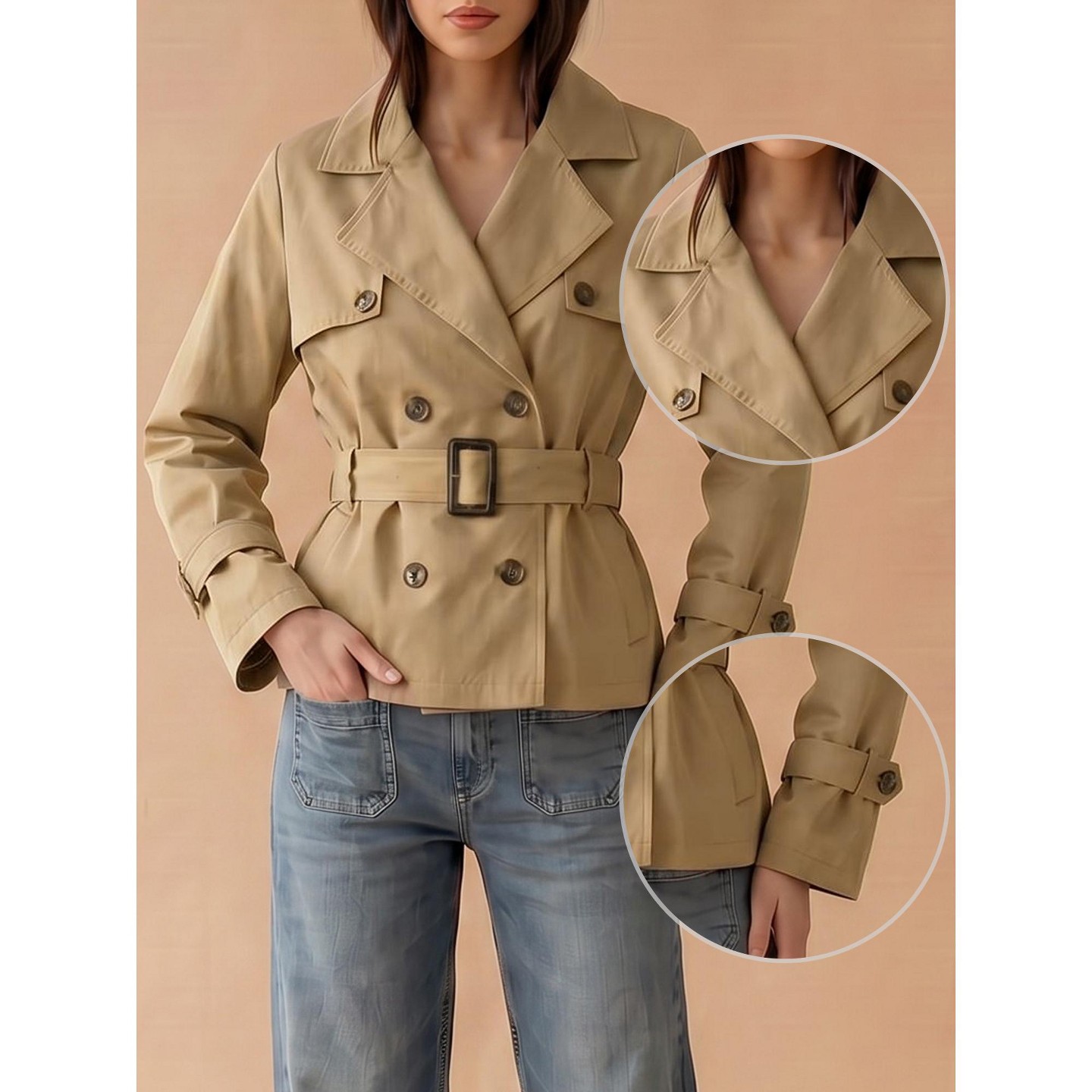 Женская куртка INSPIRE CHIC Classic Notched Lapel Double Breasted Belted Adjustable Cuff Windproof Jacket L Khaki, цвет: Хаки — фото 2