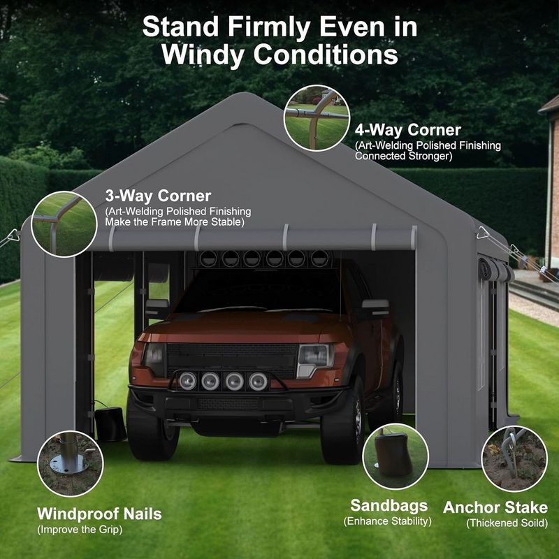 Whizmax 13x20ft Carport -Portable Upgraded Garage，Heavy Duty Carport with 4 Roll-up Doors & 4 Ventilated Windows, 5 of 9