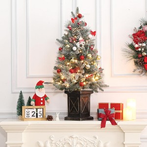 4.5 FT Christmas Tree, Pre-lit Christmas Tree with X-Shaped Design Base and Red Berries - 1 of 4