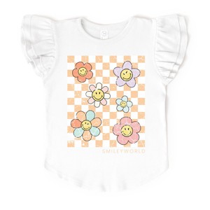 The Juniper Shop SmileyWorld Checkered Floral Distressed Flutter Sleeve Tee - 1 of 4