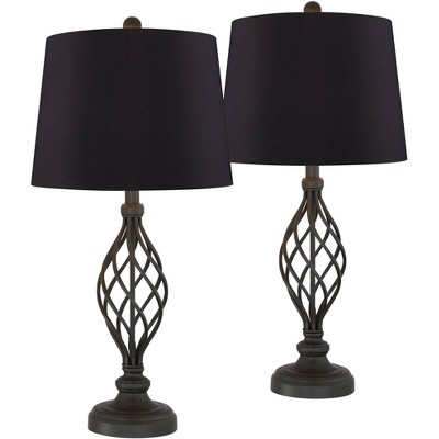 Franklin Iron Works Farmhouse Table Lamps Set of 2 Bronze Metal Open Scroll Black Faux Silk Drum Shade Living Room Bedroom House