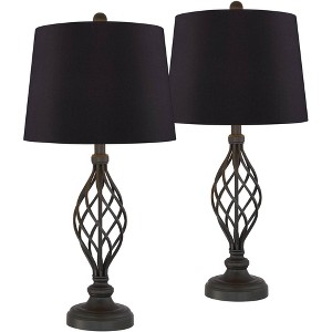 Franklin Iron Works Annie Modern Industrial Table Lamps 28" Tall Set of 2 Bronze Iron Black Faux Silk Drum Shade for Bedroom Living Room Bedside Kids - 1 of 4
