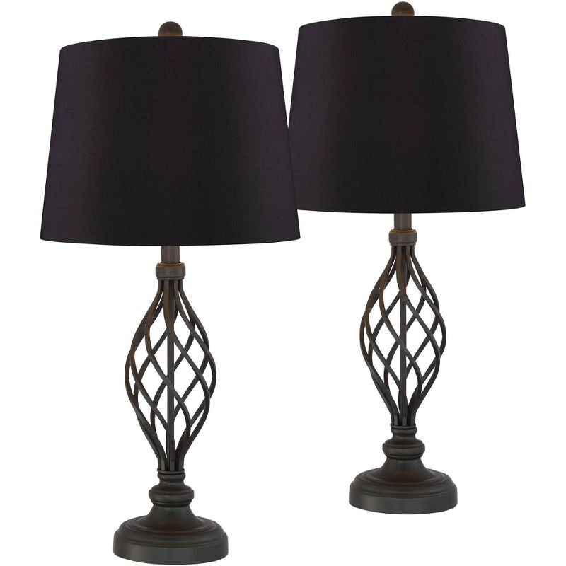 Franklin Iron Works Annie Modern Industrial Table Lamps 28" Tall Set of 2 Bronze Iron Black Faux Silk Drum Shade for Bedroom Living Room Bedside Kids, 1 of 6