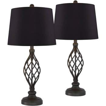 Franklin Iron Works Annie Modern Industrial Table Lamps 28" Tall Set of 2 Bronze Iron Black Faux Silk Drum Shade for Bedroom Living Room Bedside Kids