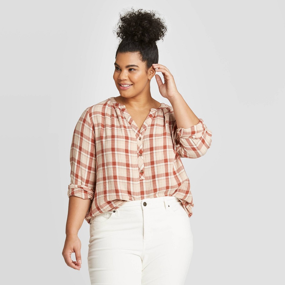Women's Plus Size Plaid Long Sleeve V-Neck Button-Front Tunic - Universal Thread Brown 2X, Women's, Size: 2XL was $29.99 now $20.99 (30.0% off)