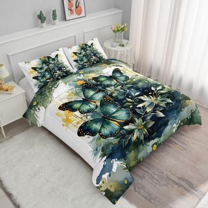 Acoinel 3 Pcs Butterfly and Flowers Lightwight Ultra Soft Comforter Set with 2 Pillowcases, TWIN, Green - 1 of 4