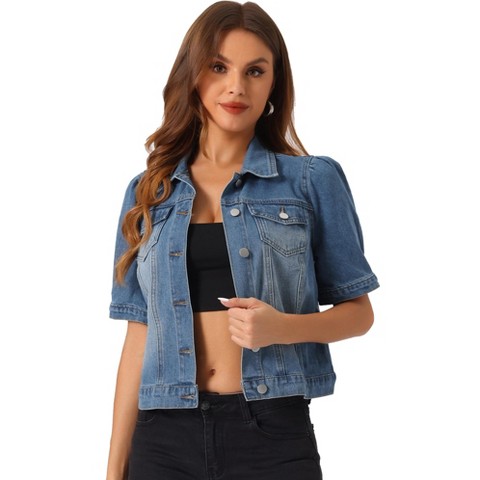 INSPIRE CHIC Women's Casual Short Puff Sleeves Button Down Jean Denim Jacket Large Medium BLue