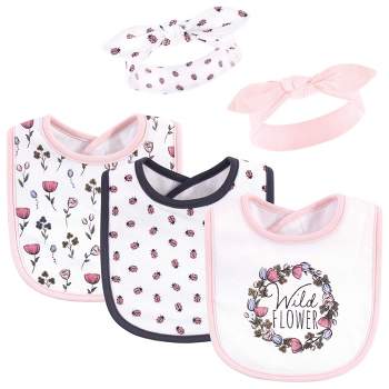 Hudson Baby Infant Girl Cotton Bib and Headband Set 5pk, Wild Flower, One Size
