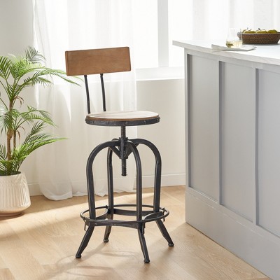 Adjustable Height Swivel Barstool with Firwood Seat and Iron Frame, Industrial Modern Design