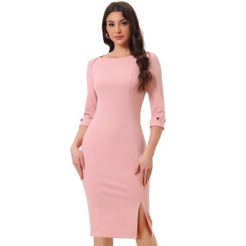Женские платья INSPIRE CHIC Women's Elegant Boat Neck 3/4 Sleeves Work Midi Split Sheath Dresses Small Pink