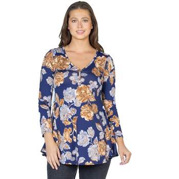 24seven Comfort Apparel Womens Blue Floral Long Sleeve V Neck Tunic Top