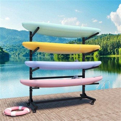 SKRAN 80''H Freestanding Kayak Storage Rack – Holds 4 Kayaks, Heavy-Duty Adjustable Stand with Lockable Wheels for Kayak, Canoe, SUP & Surfboard