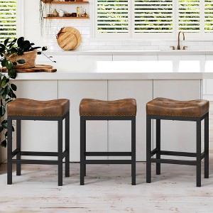 Counter Height Bar Stools, 24 Inch Saddle Backless Bar Stools Set of 3, Faux Leather Counter Stools with Metal Legs, Modern Kitchen Island stools - 1 of 4