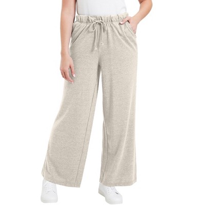 June + Vie by Roaman's Women's Plus Size French Terry Wide-Leg Pant - 14/16, Heather Oatmeal