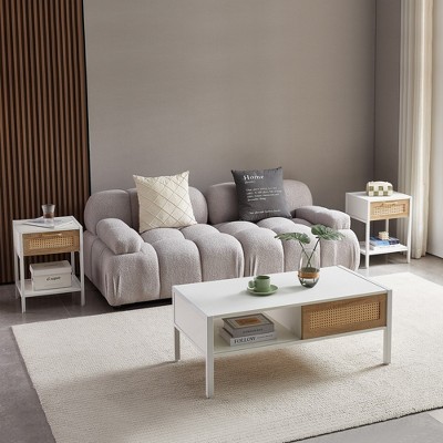 VYNXARIA 40.16 inch Rattan Coffee table, sliding door for storage, metal legs, Modern table for living room