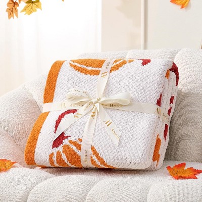 Amelie Home Ultra-Cozy Chenille Knit Throw Blanket, Festive Pumpkin Maple Leaf Pattern, Fall Gift Blanket, Autumn Home Decor