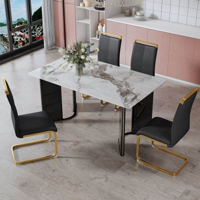 Nicbex 5 Piece Dining Table Set For 4 With Imitation Marble Tabletop,4 ...
