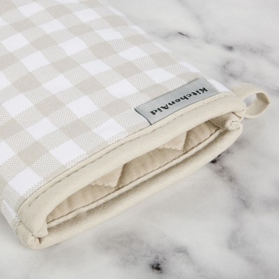 Beige and White Gingham Cotton Oven Mitt Set, 7" x 13"