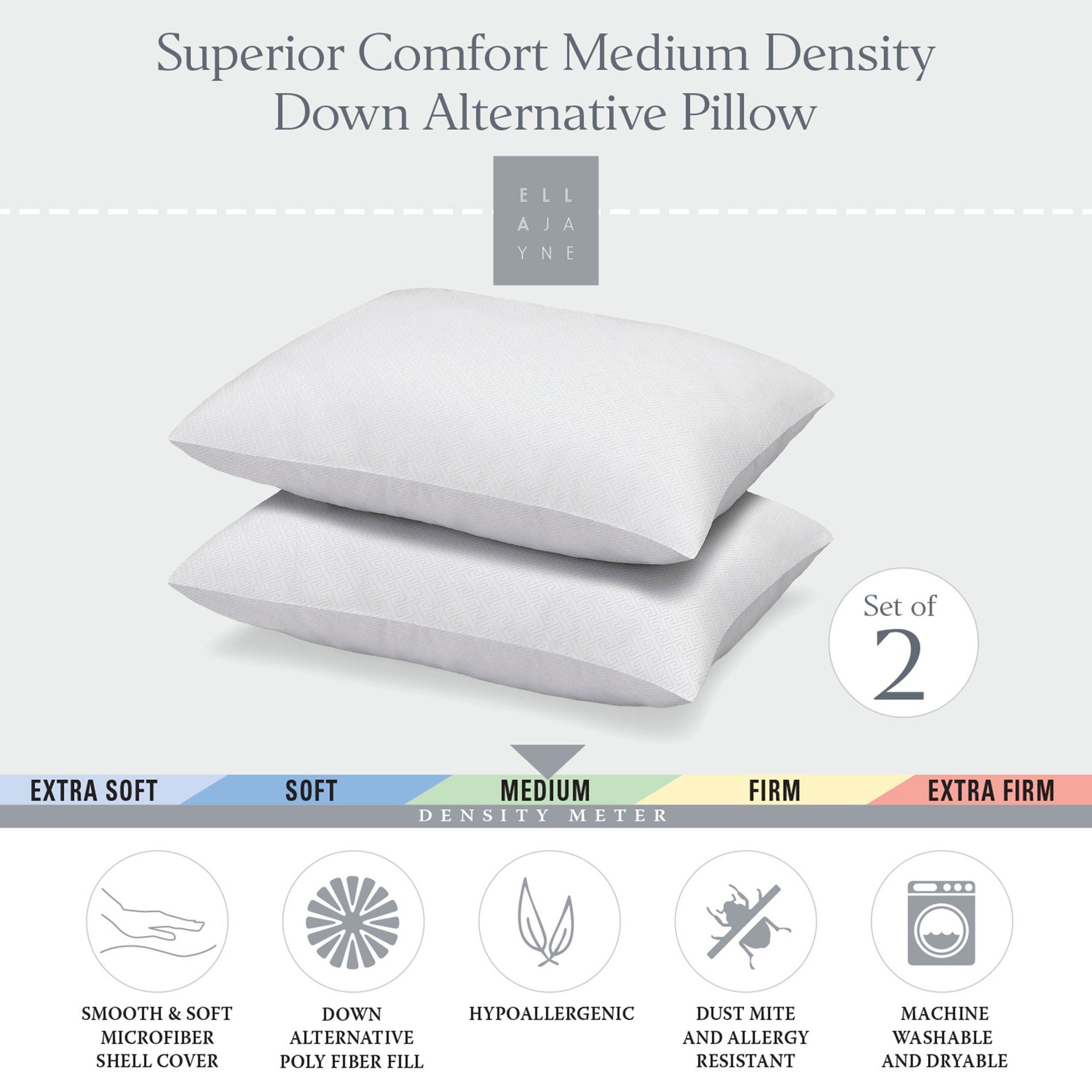 EJ Comfort Fiberfill Pillow 2PK, Medium, Standard