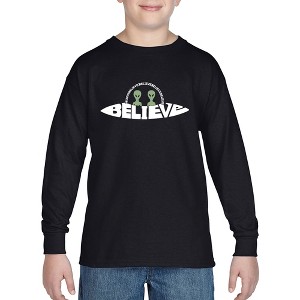 LA Pop Art Believe UFO - Boy's Word Art Long Sleeve T-Shirt - 1 of 4