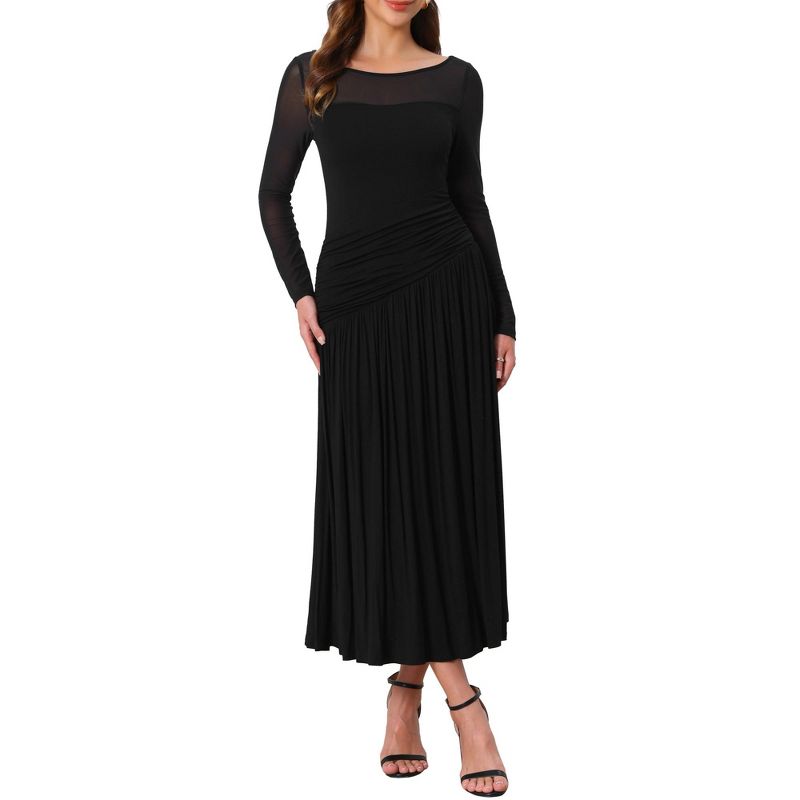 INSPIRE CHIC Women's Wedding Guest Pleats Ruched Long Sleeve Crewneck Evening Maxi Flowy Dress Small Black