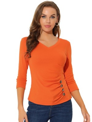 INSPIRE CHIC Women's V Neck 3/4 Sleeves Solid Knitted Buttons Decor Ruched Blouse