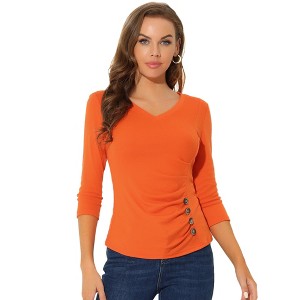 INSPIRE CHIC Women's V Neck 3/4 Sleeves Solid Knitted Buttons Decor Ruched Blouse - 1 of 4