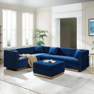 Luxurious 100.8 Velvet Upholstered U-Shaped Corner Sectional Sofa with Ottoman, Vertical Channel Tufting, Gold Base, and 4 Pillows - 1 of 4